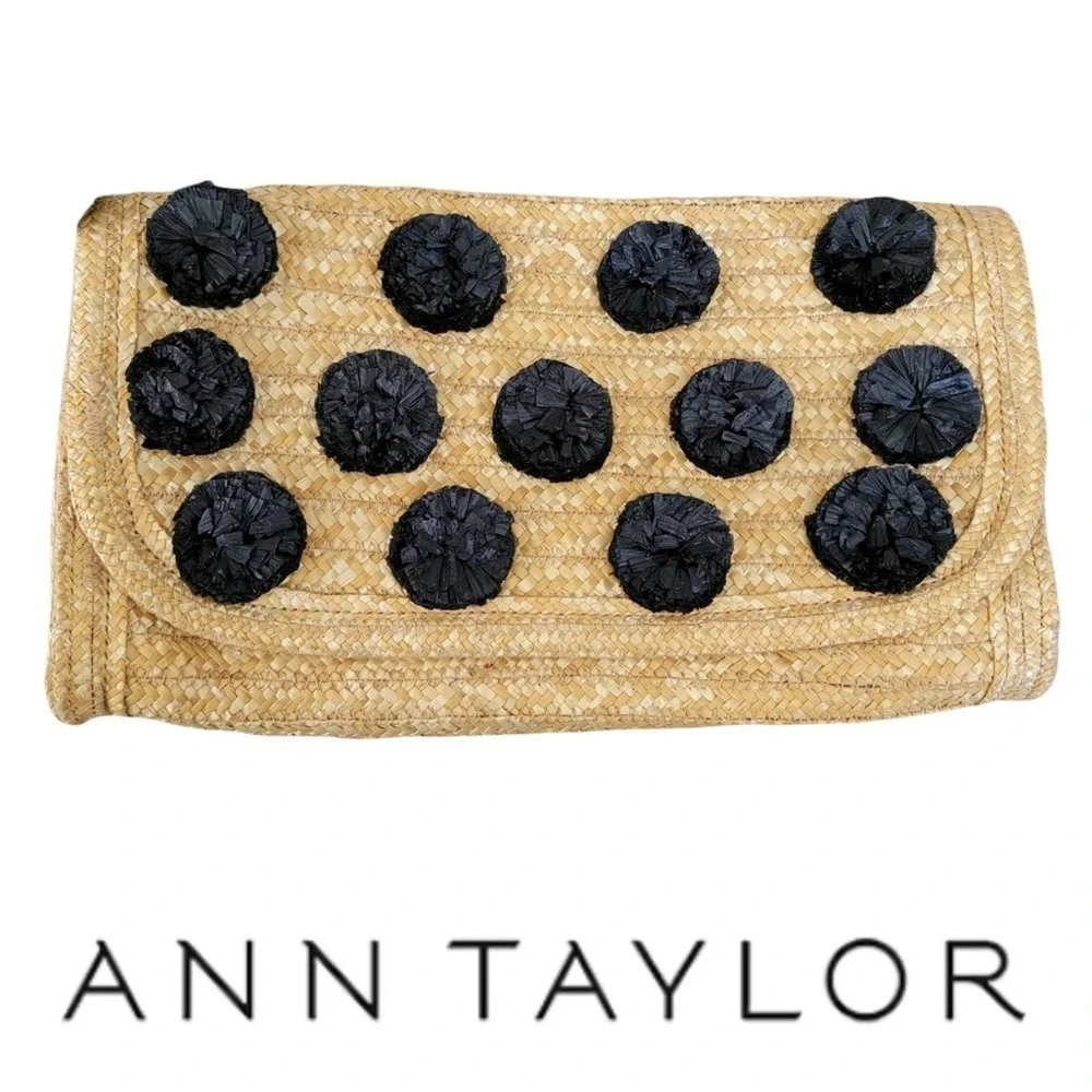 🛑 2 / $40 Sale! ANN Taylor Wicker & Black Pom Large Clutch. NWT